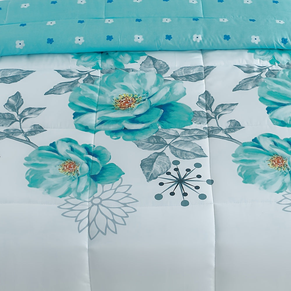 2/3pcs Teal Floral Bedding Comforter Set | Gradient Tones Oil Painting Style, Elegant Botanical Floral, Twin/Queen/King, Upgraded Luxury Quilt Set for All-Season, Bed in A Bag, Home Decor, Soft, Lightweight, Breathable, Microfiber, Ideal Family Gift