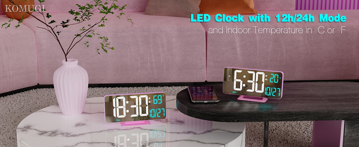 WHEAT Digital Alarm Clock for Bedroom - Corded Electric Desk Clock with LED Display, Date & Temperature, Dual Beep Alarm, Adjustable Brightness, USB Powered with 12/24H Format - Rectangle Plastic Frame