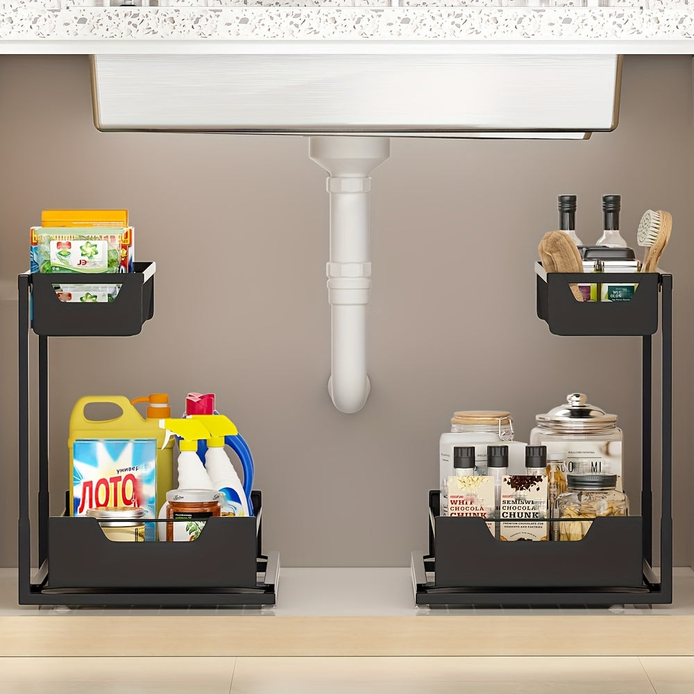 2-Tier Sliding Under Sink Organizer Rack Kitchen Lower Sink Sorting Sliding Pull-out Cabinet Sorting Rack Metal Sliding Drawer For KitchenBathroom Refrigerator Cabinet Organization Rack Simple And Practical Kitchen Storage Essentials (1pack/2pack)