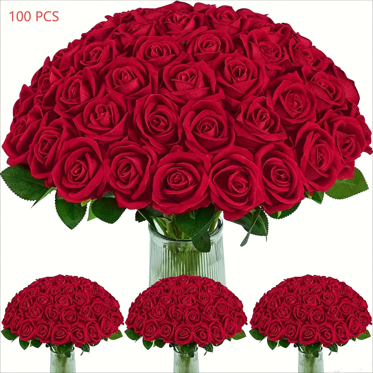 50/100pcs Red Roses Artificial Flowers, Real Touch Velvet Roses Bouquet Fake Flowers Bulk, Artificial Roses with Long Stems for Valentines Day Gift DIY Bridal Wedding Centerpiece Decorations, Mothers Day Decor, Home Decor, Room Decor, Rosas Eternas