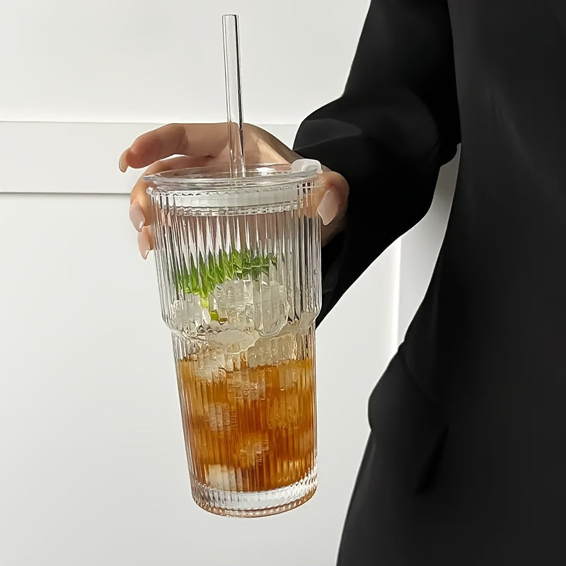 2/4pcs Vintage Striped Glasses, Glasses With Glass Straws, 19 Oz Coffee Mugs, Thickened High Borosilicate Material Glasses, Perfect For Iced Coffee, Juice, Drinks, Family And Parties