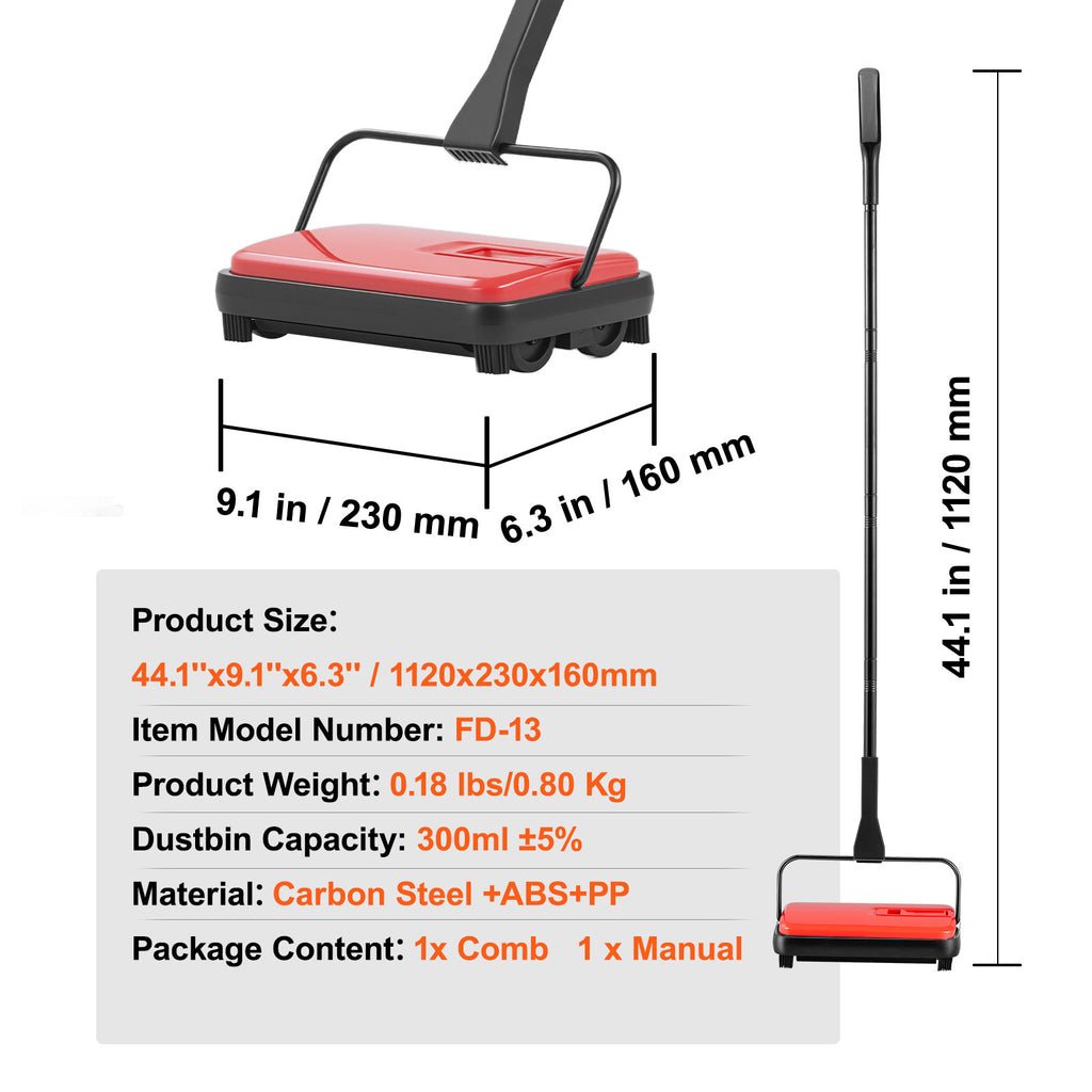 VEVOR Carpet Sweeper Manual, Floor Sweeper with 300 ml Dustbin Capacity Easy to Empty, 6.7 inch Cleaning Width for Home Office Carpets Pet Hair Dust, Purple/Red/Blue