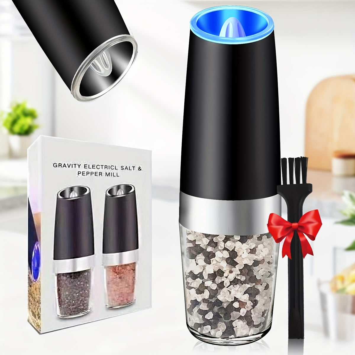 1pc Gravity Electric Pepper and Salt Grinder with Adjustable Coarseness Battery Operated LED Light (Battery Not Included) Each Grinder Requires 6 AAA Batteries You Need to Bring Your Own)
