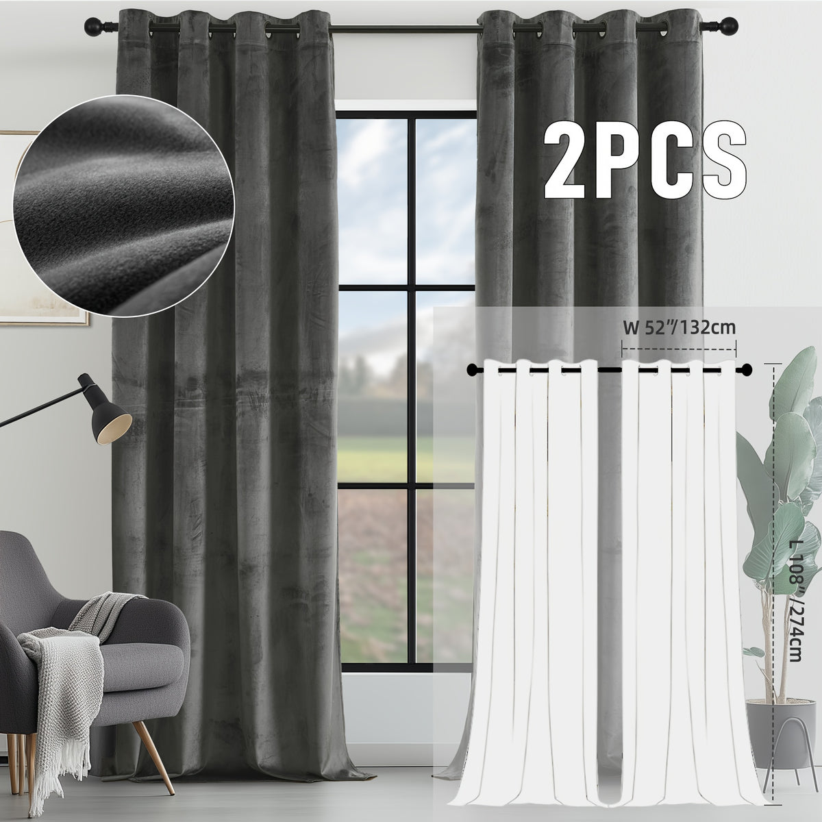 2pcs Velvet Room Darkening Curtains | Vintage Soundproof and Thermal Insulated, Elegant Soft Velvet Grommet Top Curtains for Living Room and Bedroom, Unlined, Solid Color, Fashionable Valentine'S Day Décor