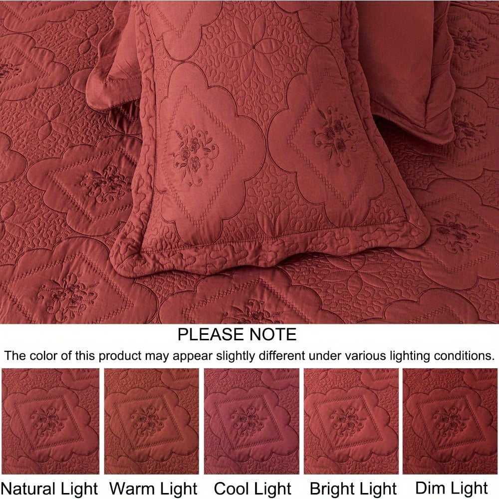 3pcs Exquisitely Crafted King/ Queen Size Quilted Bedspread Set with Intricate Floral Embroidery - 100% Polyester, Wrinkle - Resistant, Lightweight, Perfect for Adding A Touch of Elegance To Your Bedroom Decor