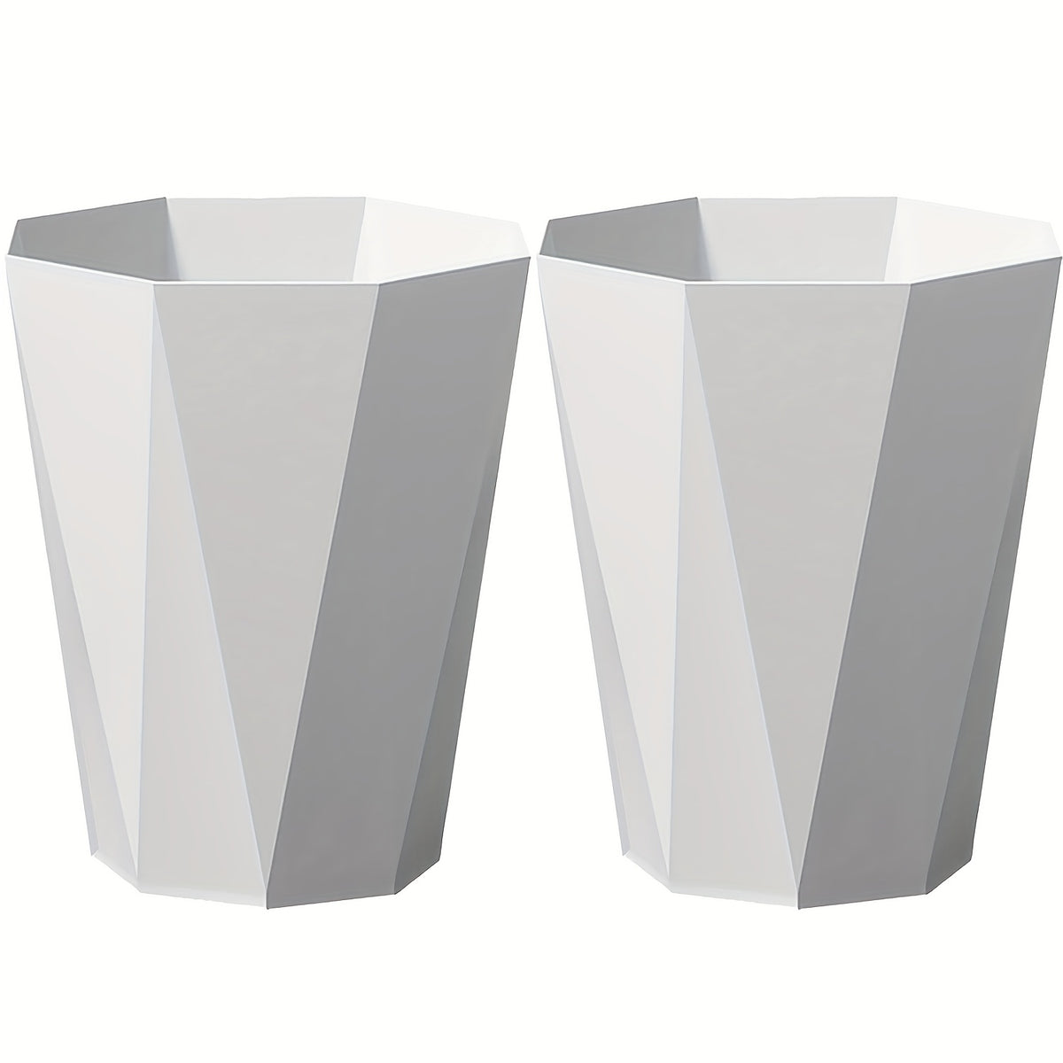 Set of Two Octagonal Trash Bins in Nordic Design, Featuring Geometric Plastic Construction with a Brushed End. These Small Open-Top Wastebaskets Are Ideal for Use in for home Offices, Bathrooms, Kitchens, And Bedrooms