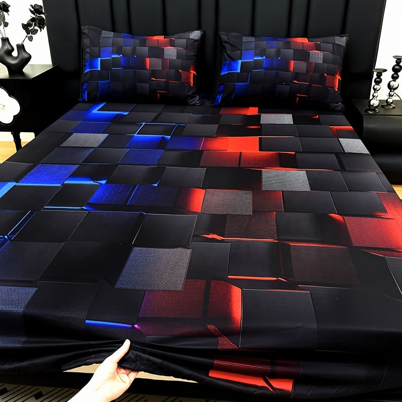 2D Flat 3pcs Cool Technology Digital Printing Material Plaid Fitted Sheet(1pc Bed Sheet+2pcs Pillowcase No Filling) Deep Pocket In 15 Inch, At Home Dormitory Suitable for All Seasons Mattress Protector