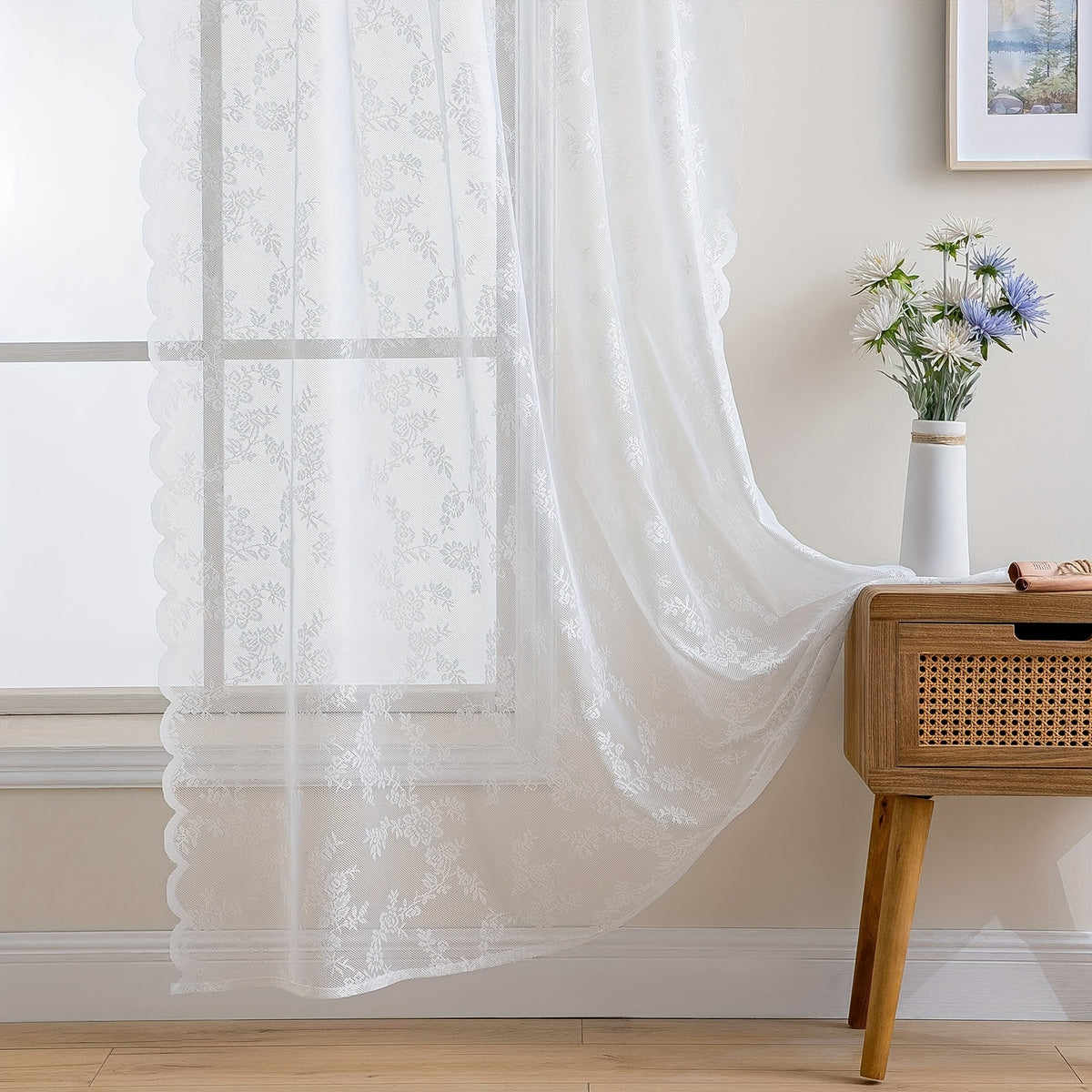 Romantic Pastoral Lace Sheer Curtain for Balcony and Office, Translucent Window Drapery with Floral Pattern, Machine Washable Polyester, Rod Pocket Design - 1pc