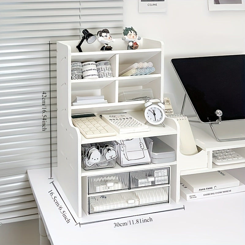 1pc Modern 2-Tier Desk Organizer with Drawer Storage & Tilt Pen Holder - Raised Bookshelf Suitable for Stationery, Cosmetics, Office Supplies, Space-Saving Partition Shelf, Lightweight PVC Storage Box for Office, Dormitory, Partition Box, Desk &