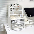 Desk Organizer with Drawers and Tilted Pen Storage, White PVC Desktop Shelf for Stationery, Cosmetics, Home Office and Dorm Room Organization