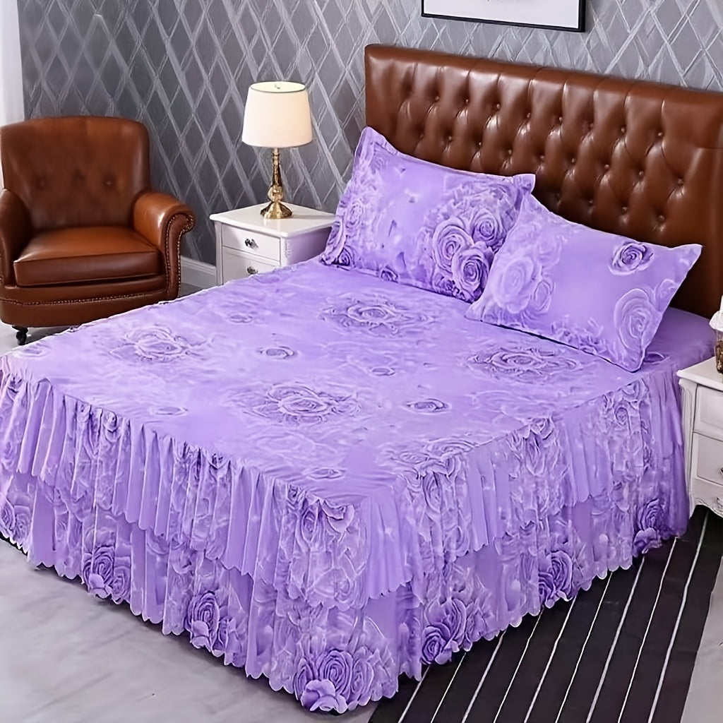 Set of 3 (1 Bed Skirt And 2 Pillowcases) Featuring a Double-Layered Hem, Adorned with a Plant And Flower Design. Includes a Dust-Proof Hem, Bed Sheet, Bed Cover, And Mattress Protector, All Machine Washable