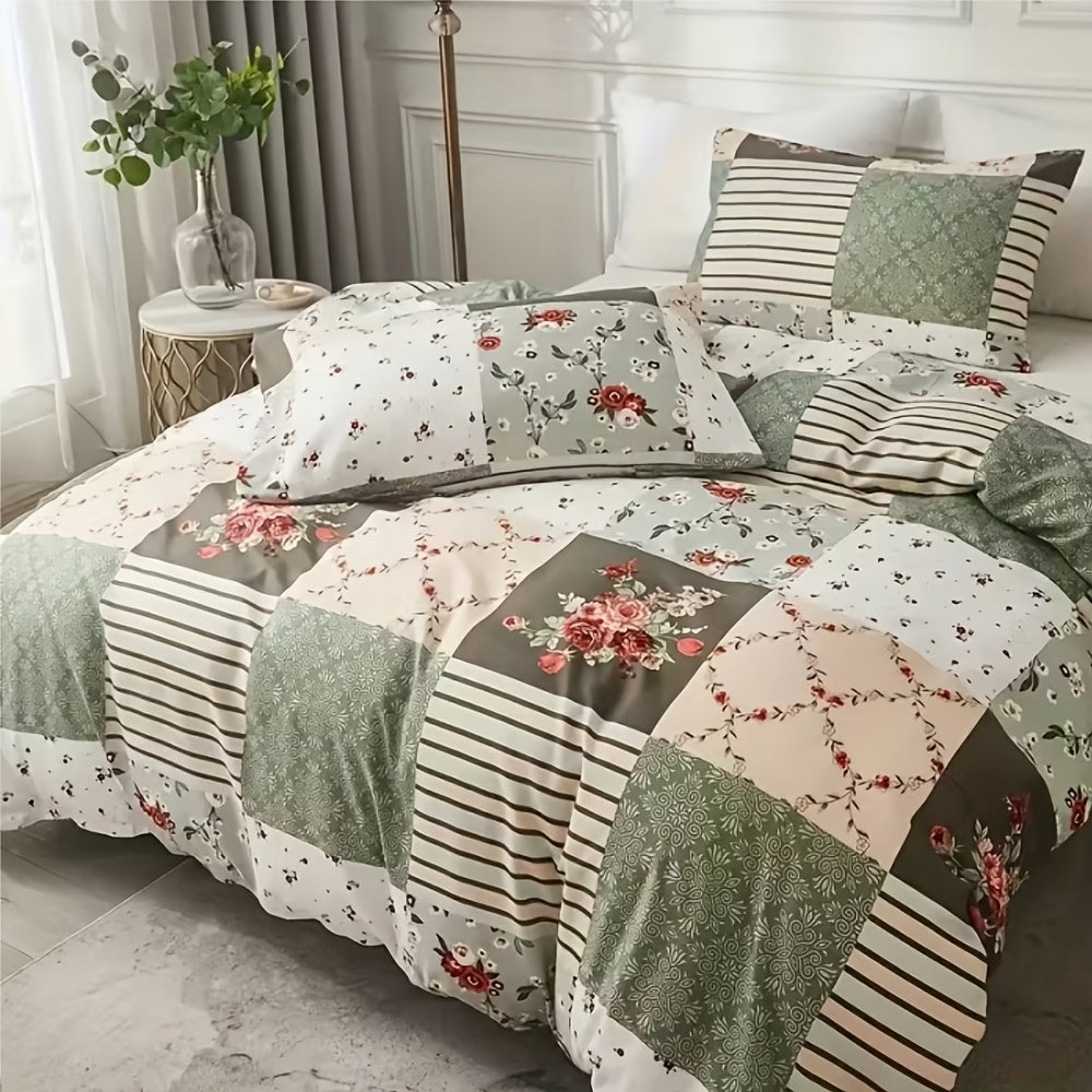 Floral Patchwork Duvet Cover Set, 3-Piece Lightweight Flower and Plaid Bedding with Zipper and 2 Pillowcases in Blue Green or Pink, No Comforter Insert