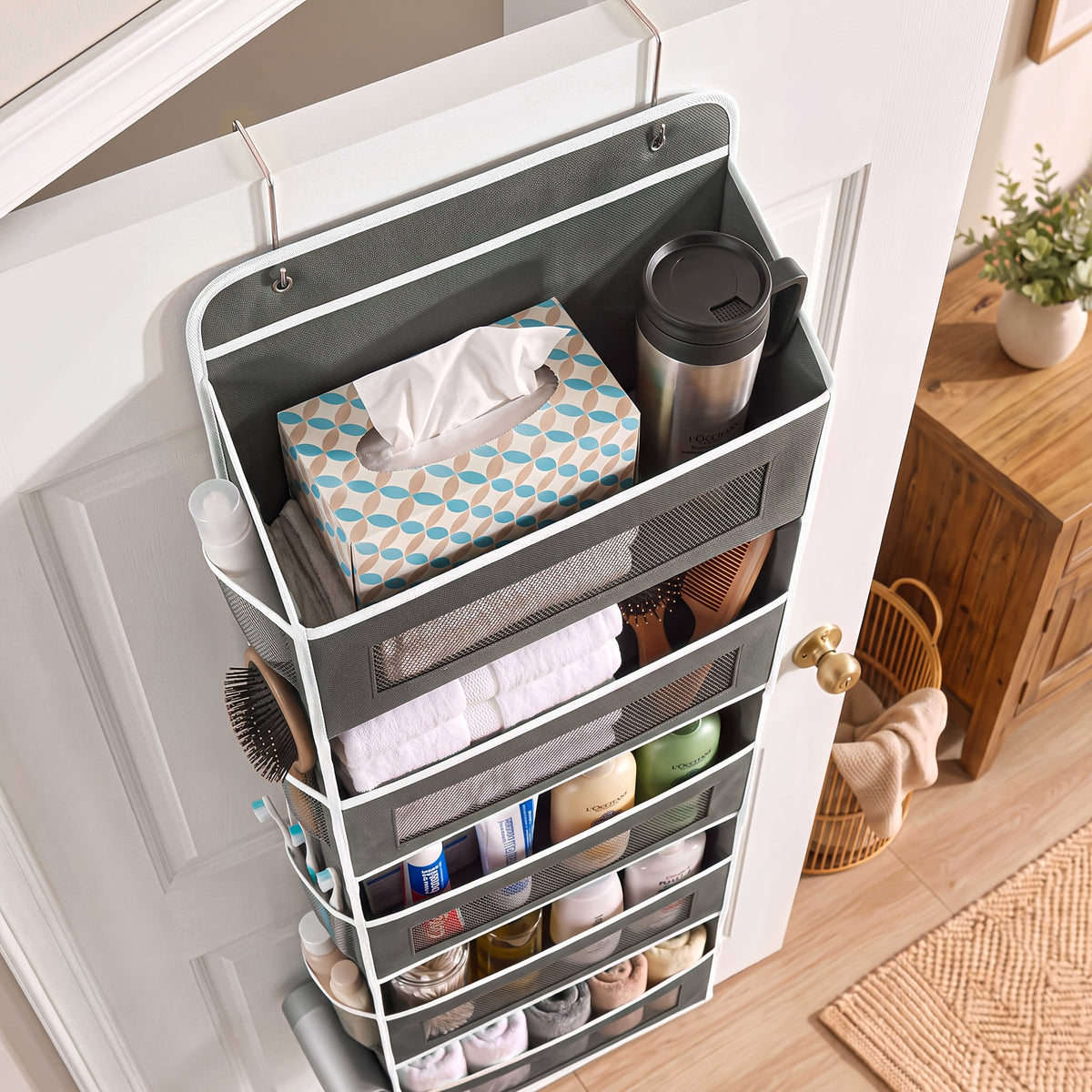 Hanging Door Storage Organizer, 5-Tier Fabric Pocket Organizer with Mesh Fronts for Bathroom Toiletries, Bedroom Essentials and Pantry Supplies