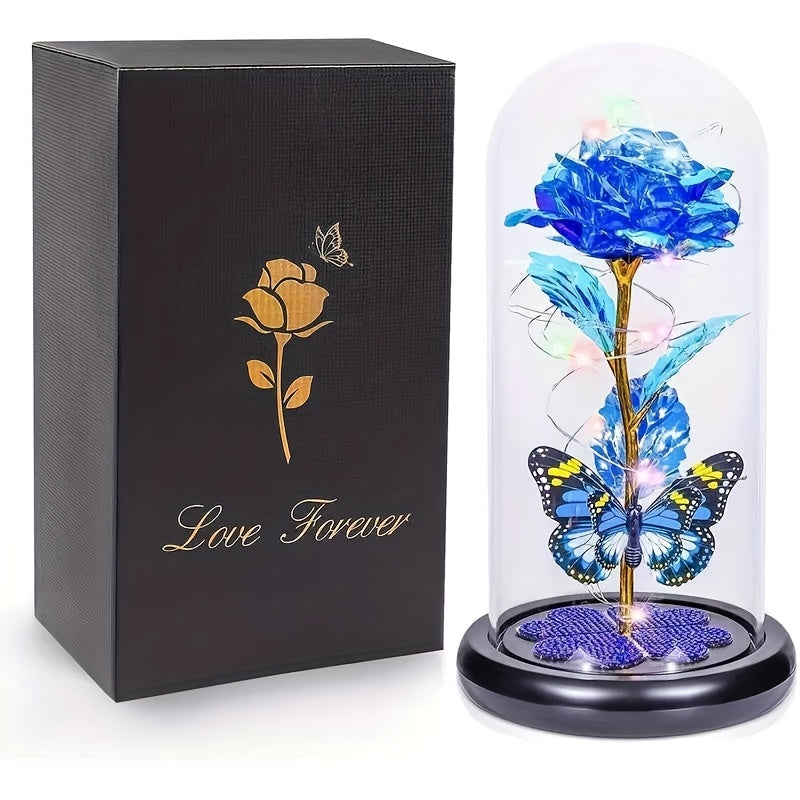1pc Mother'S Day Rose Gift for Mother, Galaxy Glass Rose Forever Eternal Crystal Flower Glow Rose Glass Dome And Butterfly Birthday Flower Gift for Women'S Mother, Wife, Sisters, Daughter, Purple