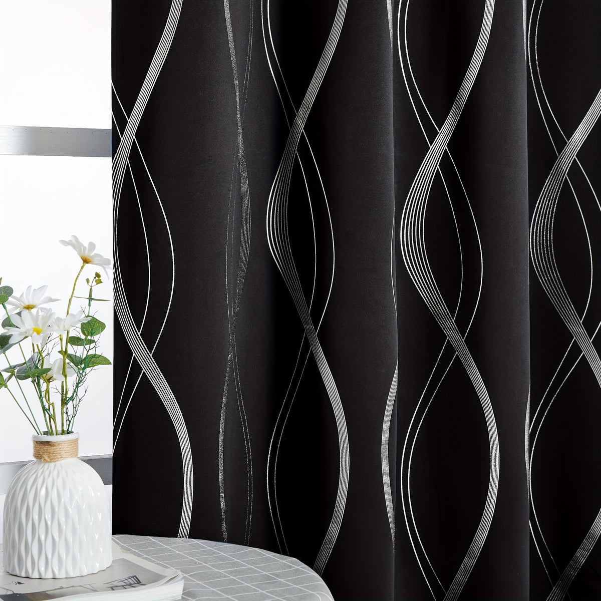 Blackout Curtains 2 Panels Set for Bedroom/Living Room, Noise Reducing Thermal Insulated Wave Line Foil Print Drapes for Patio Sliding Glass Door