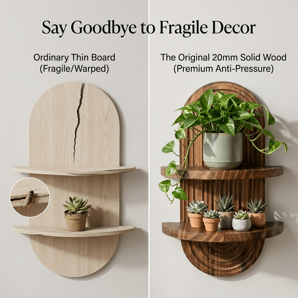 Boho Wood Wall Shelf with Rainbow Arch Design, Two-Tier Natural Solid Wood Plant and Keepsake Display for Bedroom, Living Room and Entryway Decor