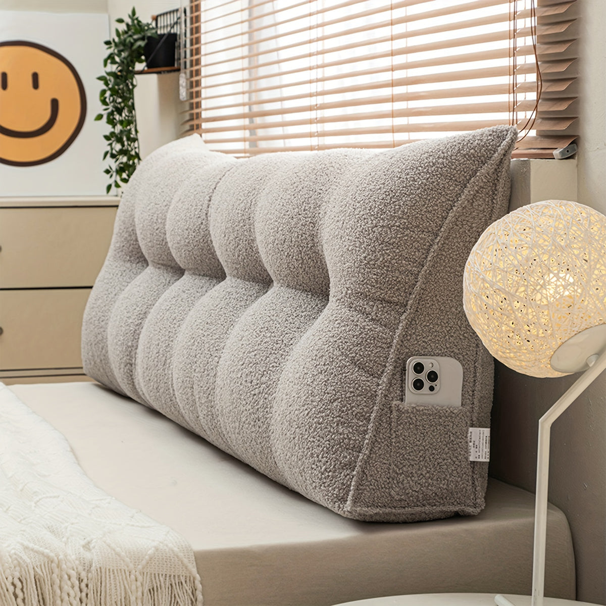Headboard Reading Pillow, Triangular Teddy Velvet Backrest Cushion with Side Pocket and Removable Washable Cover for Twin, Queen and King Beds