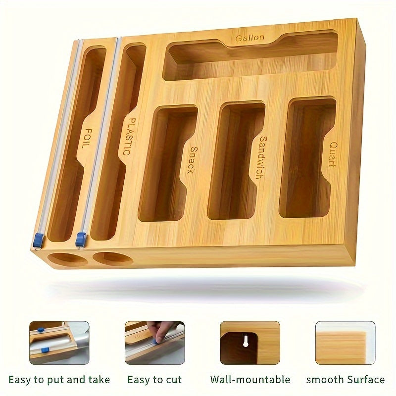 Bamboo Bag Organizer And Foil And Plastic Wrap Organizer Aluminum Foil Organization And Storage Plastic Wrap Dispenser with Cutter for Kitchen Drawer for Gallon Quart Sandwich Snack Kitchen Supplies