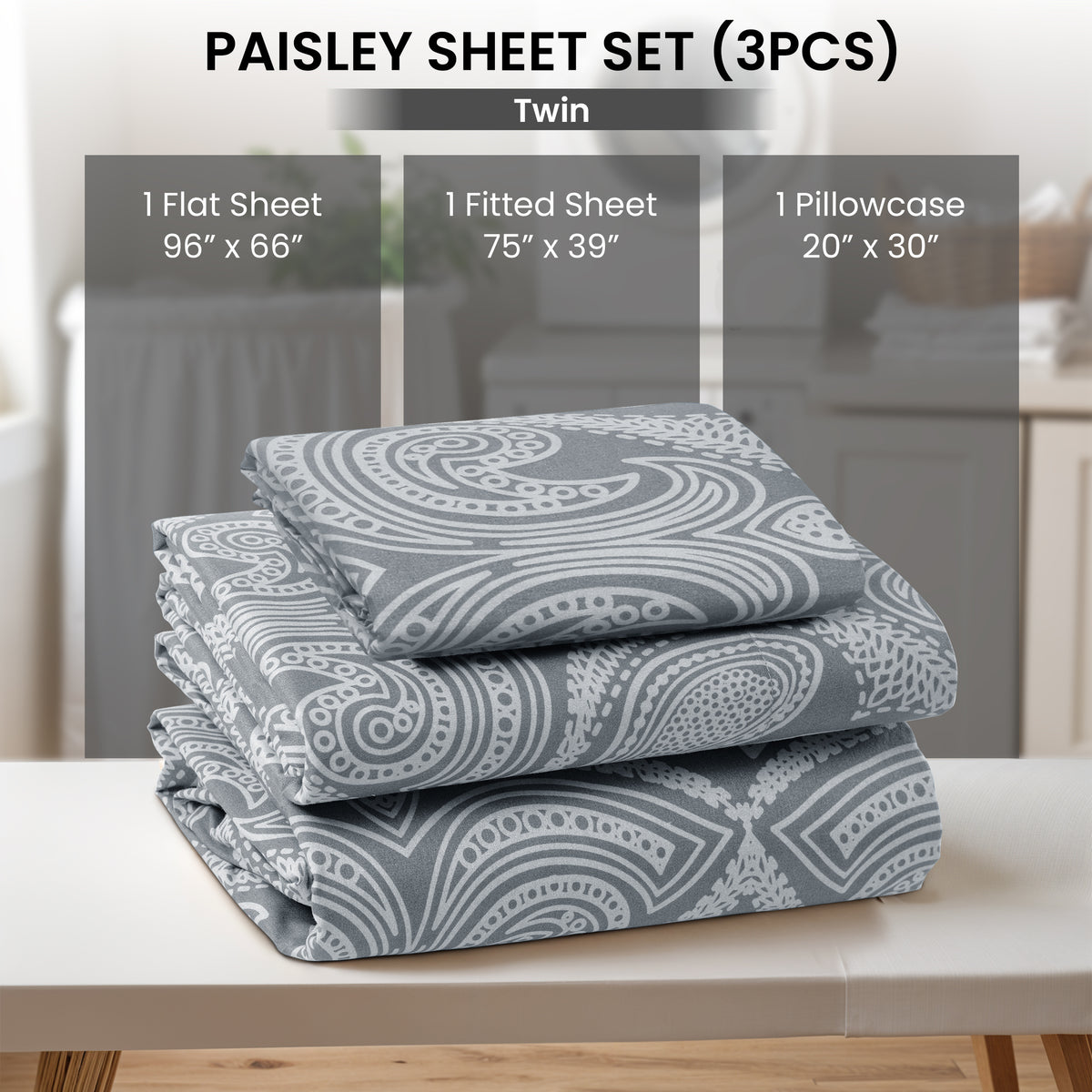 Paisley Bed Sheet Set, Soft Double Brushed Microfiber Bedding with 16-Inch Deep Pocket Fitted Sheet and Pillowcases in Six Sizes for Bedroom Comfort