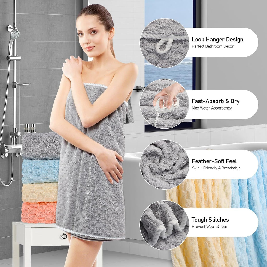 [5pcs Coral Fleece Towels] 5pcs Coral Fleece Bath Towel Set, 4 Soft Absorbent Bath Towels 27" X 55" with Hair Drying Cap, Quick Dry Plush Towels with Hanging Loop for Bathroom, Shower, Home