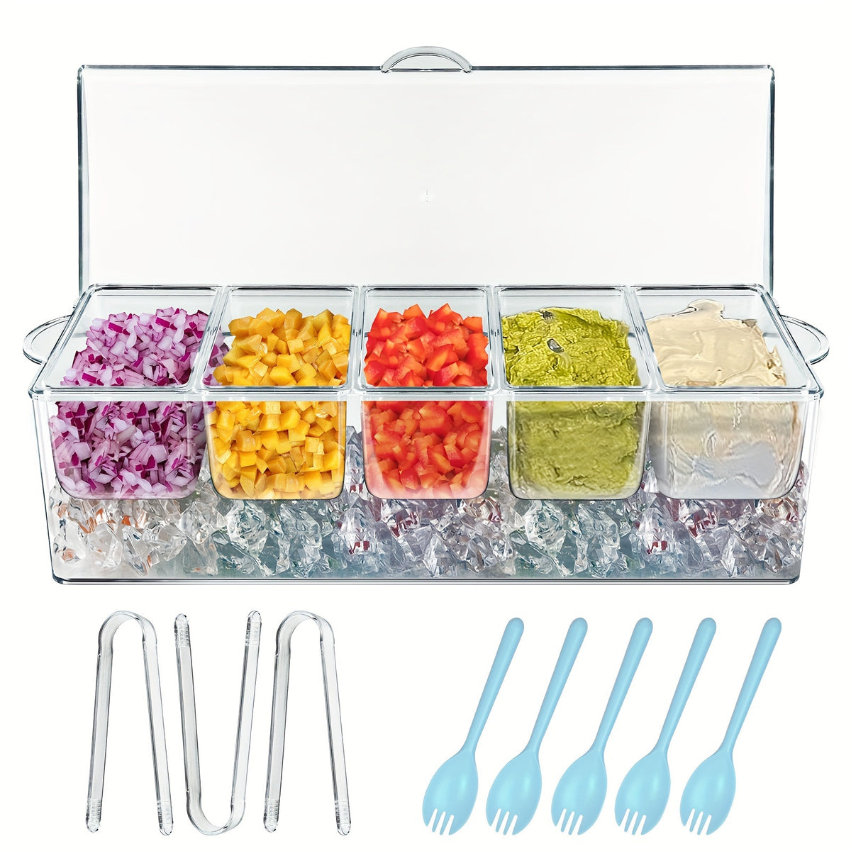 For Bar Serving Tray on Ice with 5 Compartments Container, 5 Forks And 3 Pliers, Fruit Trays for Serving, Garnish Platters with Lid, Cold Seasoning Storage Box for Bar for Parties, Clear