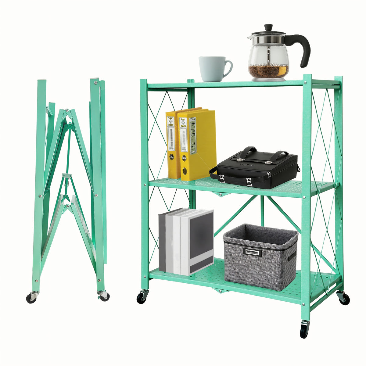 3/4/5-Tier Portable Multifunctional Storage Rack, Floor-Standing Storage Rack with Lockable Wheels, Space-Saving, No Assembly, Foldable Storage Shelf with Durable Carbon Steel Frame for Bedroom, Balcony, Garden, Standing Shelf