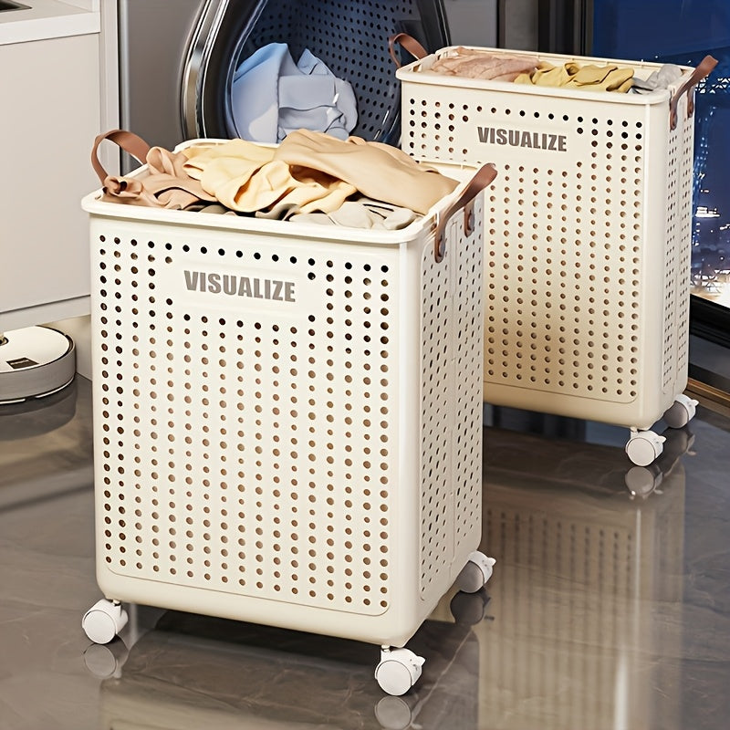 11/15/17.5 Gallon Foldable Laundry Basket with Wheels, Breathable Plastic Rolling Laundry Hamper with Faux Leather Handles, Space-Saving Clothes Storage Bin for Bathroom And Bedroom, Laundry Baskets