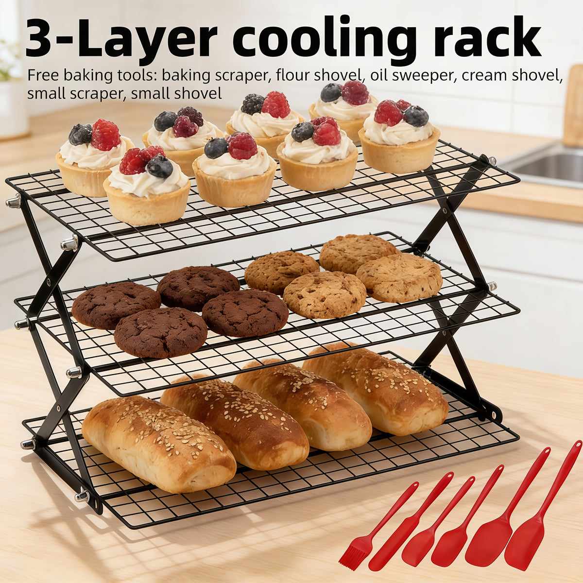 Foldable Cooling Rack, 3/4/5pcs Foldable Cooling Racks Free Baking Tool Set - Stackable Oven Cookie Cake Drying Rack. Used for Camping, Kitchen Storage And Holiday Baking Gifts (Including Silicone Shovels, Egg Beaters, Pliers, Smear Brushes