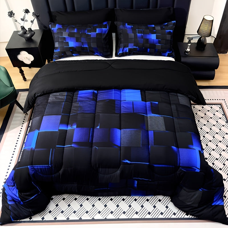 2D Flat Tog 4 3pcs Super Soft Fashion Sense Of Technology Grid Thickening Quilt Set (1 Comforter +2 Pillowcases Without Pillow Core), Contains Padding 180Gsm Quilting Soft Ventilate Digital Printing Bedroom Dormitory At Home Perfect Halloween Gift
