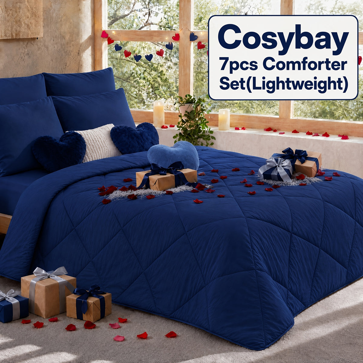 Cosybay 7 Piece Pinch Pleated Comforter Set Queen King Size, Luxury Soft Fluffy Bedding Includes 1 Comforter, 1 Extra Deep Pocket Fitted Sheet, 1 Flat Sheet, 4 Pillowcases & Pillow Covers, Perfect for Halloween Party, Holiday Celebrations & Birthday