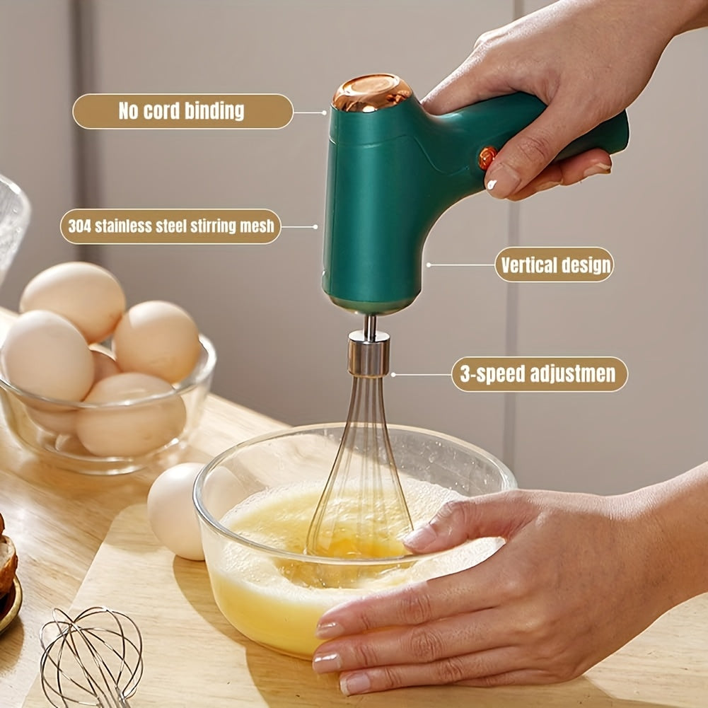 Hand Mixer | Household Cordless Electric Hand Mixer, USB Rechargeable, 304 Stainless Steel, With 2 Detachable Stir Whisks, 3 Speed Modes for Kitchen Baking