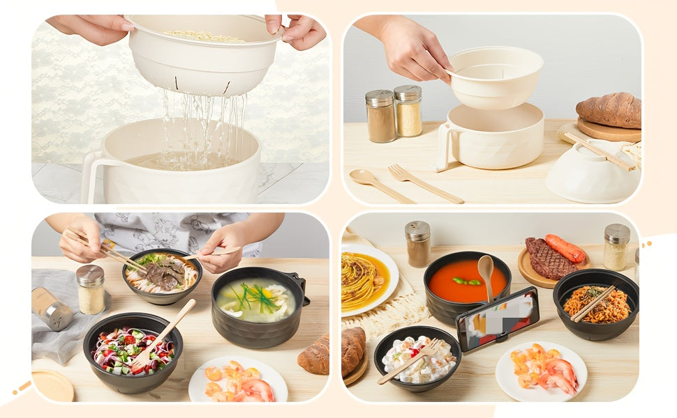 Microwave Ramen Bowl Set, 6-Piece Plastic Noodle Cooker with Lid and Handle in Black Pink Purple or Beige for Home Office and College Dorm Meals