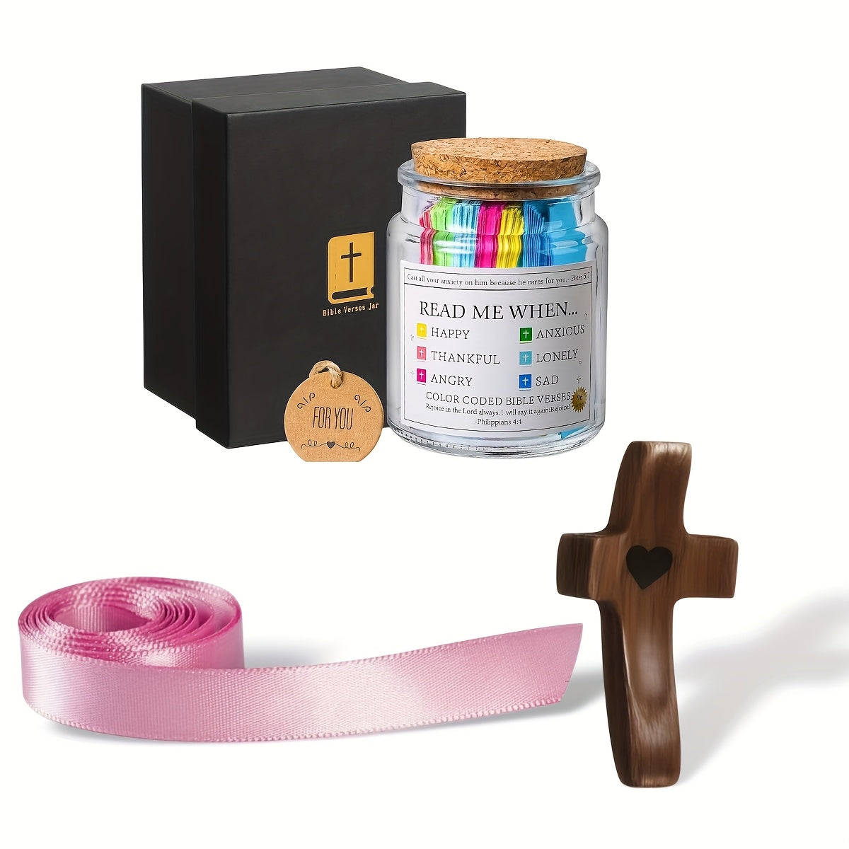 Bible Verse Jar Plus Handmade Pocket Wooden Cross Fidget.Relax for Christian, Religious Christian Gift,, Let Your Heart Calm Down, for Easter, Christmas, Holiday Wedding Parties, And Father's Day Gifts.