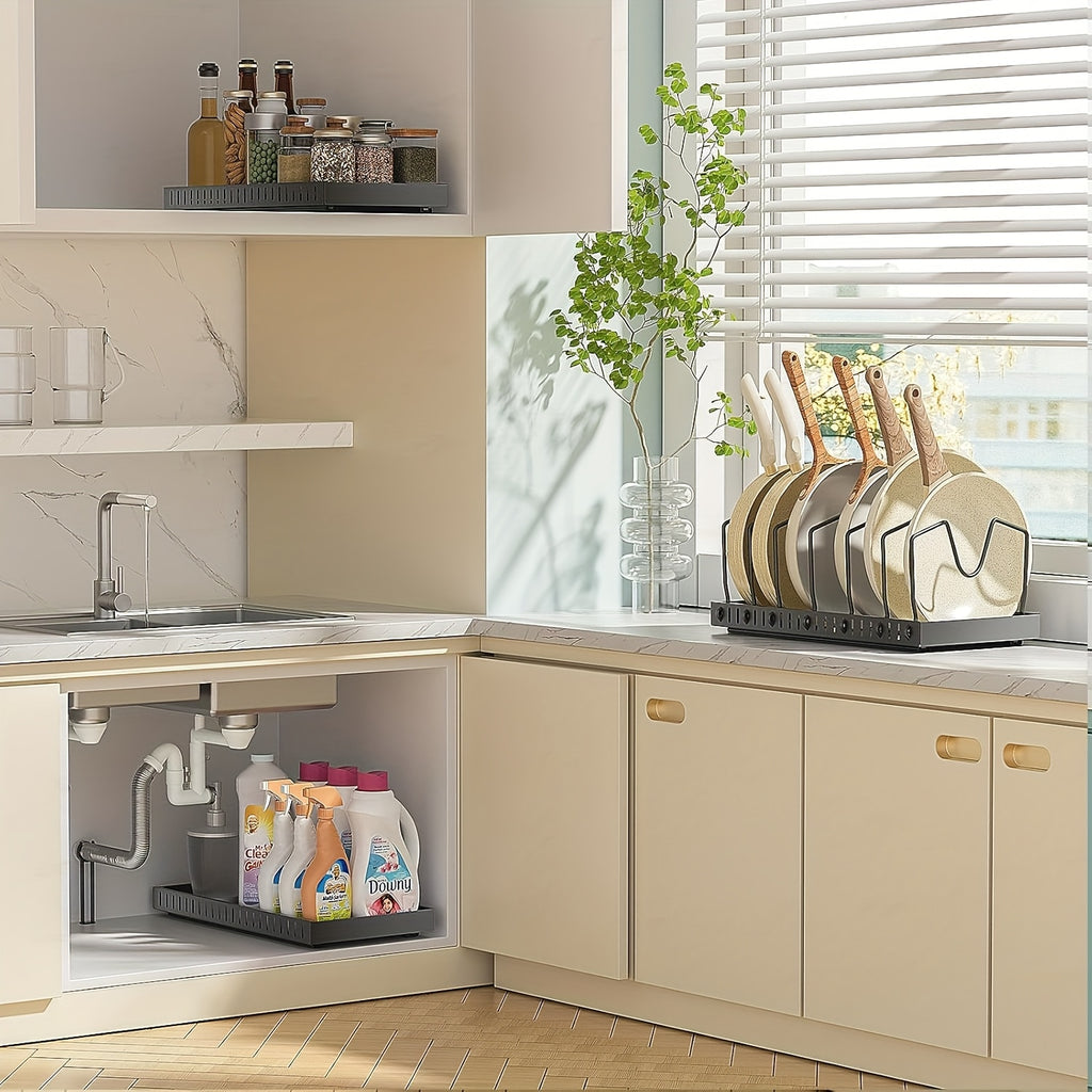 Slide-Out Cookware Organizer, Metal Cabinet Rack with Adjustable Dividers for Pots, Pan Lids, Baking Trays and Plates in Black, White or Gray, 1 or 2 Pieces