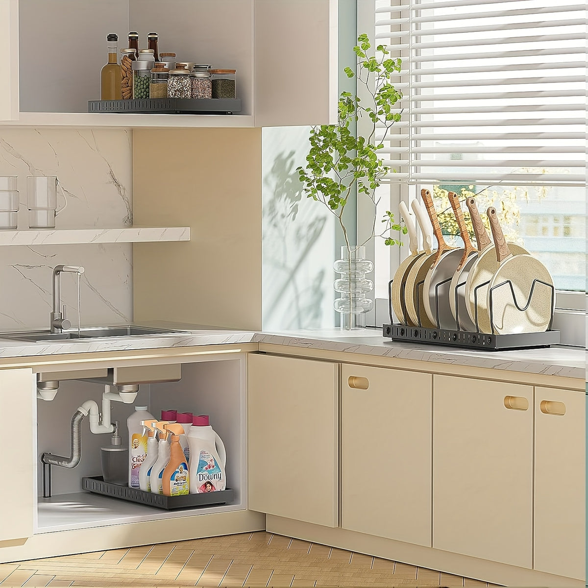1/2pcs Pull-Out Pot And Pan Storage Box for Cabinets, Kitchen Sliding Lid Rack And Pan Holder, Cabinet Sliding Storage Box for Storing Lids, Baking Tools, And Plates, 8/16 Adjustable Dividers, Kitchen Decor And Additions Pots And Pans Organizer