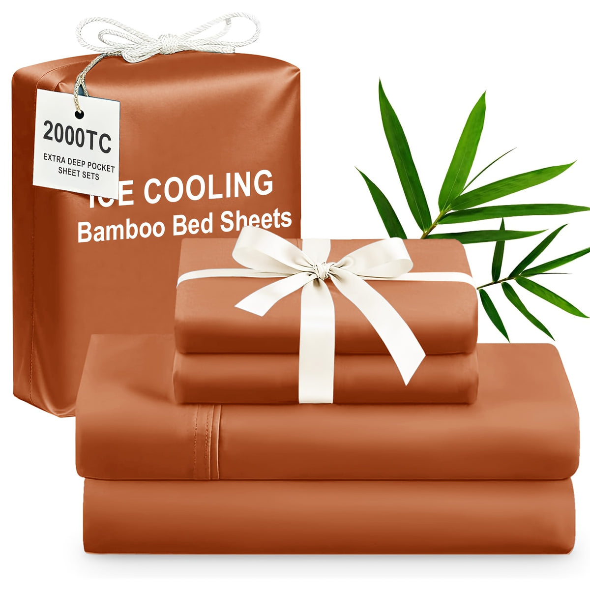4pcs Bamboo Cooling Bedding - Extra Deep Pocket Breathable And Cooling - Suitable for Hot Sleepers And Sweats, Children Pillowcases, Flat Sheet And Fitted Sheet - A Perfect Gift for Family, Queen And King Sizes