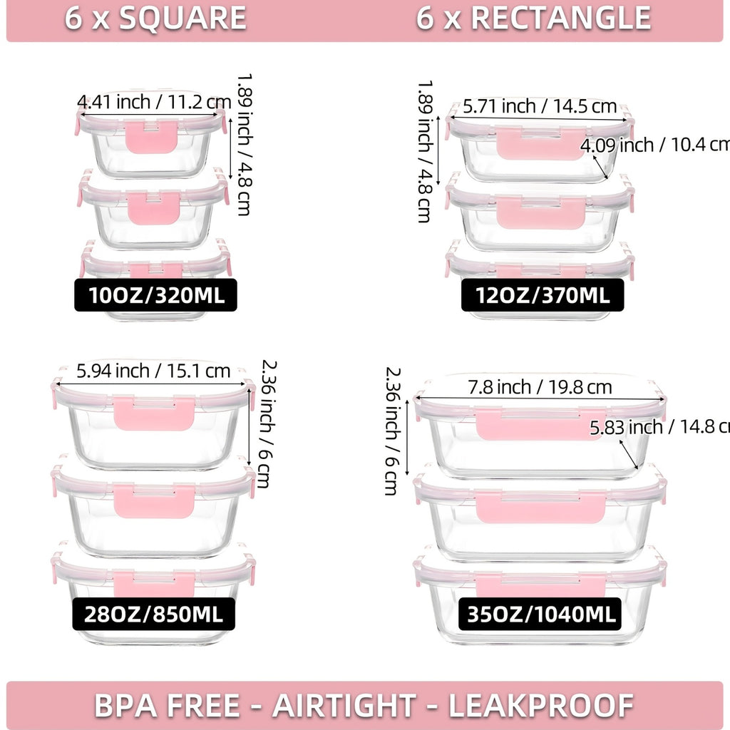 24pcs (12 Lids+12 Glass Bowl) Borosilicate Glass Food Storage Containers with Airtight Lids, Ideal for Meal Prep, Lunches - Microwave and Dishwasher Safe
