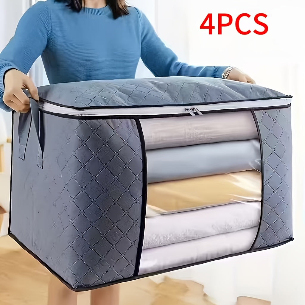 2/4 Large Heavy-Duty Foldable Clothing & Bedding Storage Bags With Zipper Lid & Reinforced Handles - Thick Non-Woven Storage Bags For Blankets, Seasonal Clothing - Portable Multi-Purpose Containers Ideal For Travel, Gifts, Under-Bed Storage