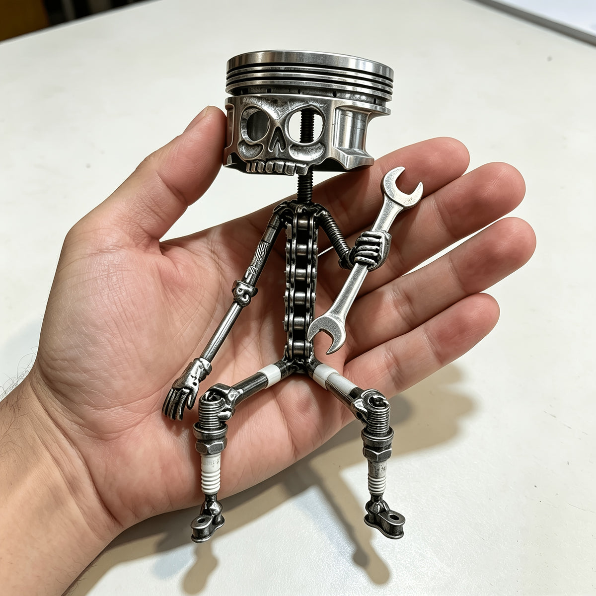 Oddities And Curiosities Piston Skull Sculpture - Art Sculpture Designed Specifically for Car Enthusiasts, Featuring a Gear Base And Handmade Wrench Design. Very Suitable As a Home Or Office Decoration