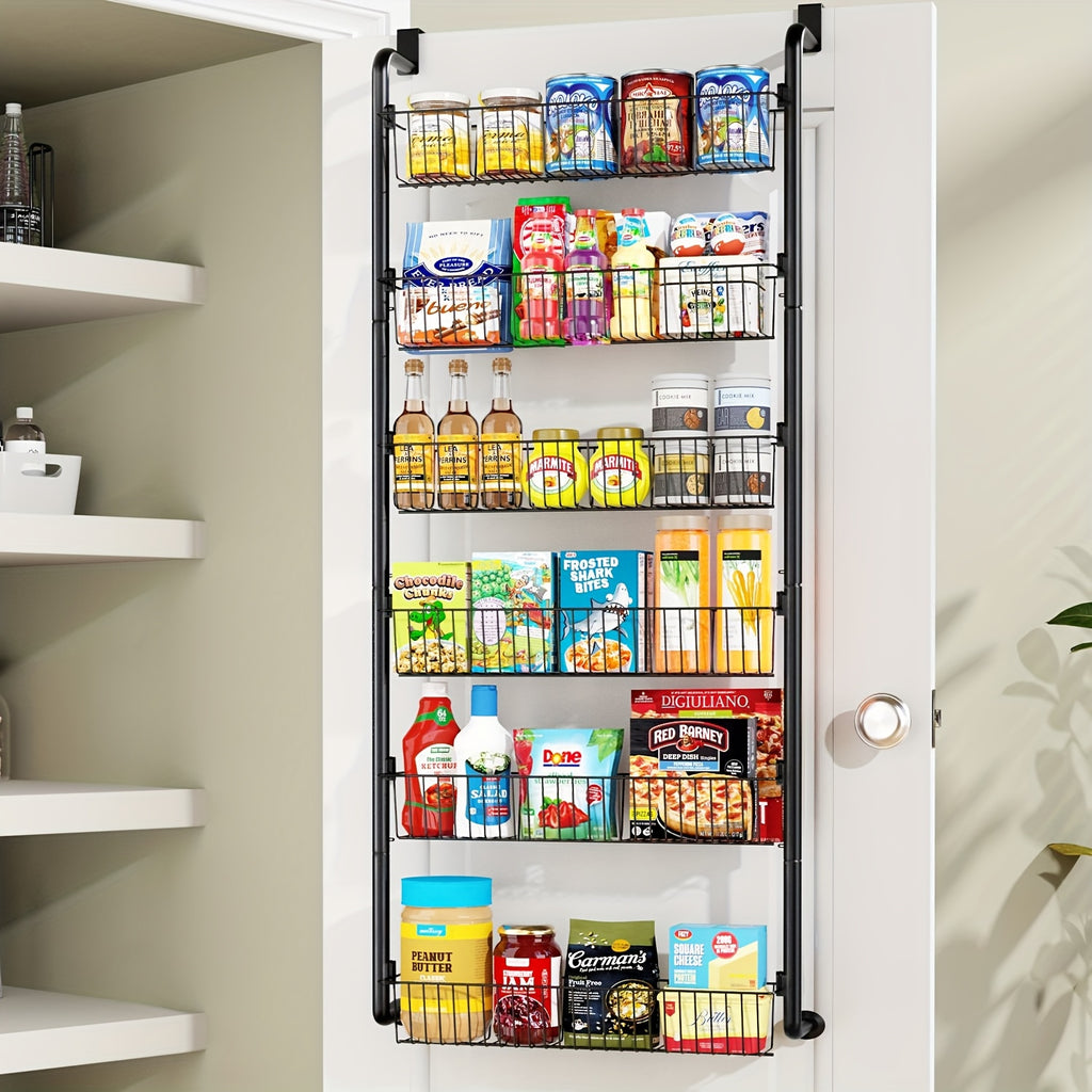 Pantry Door Storage Organizer, 6 or 8 Tier Metal Basket Rack in Black or White for Spices, Snacks, Kitchen Essentials, Laundry and Bathroom Supplies