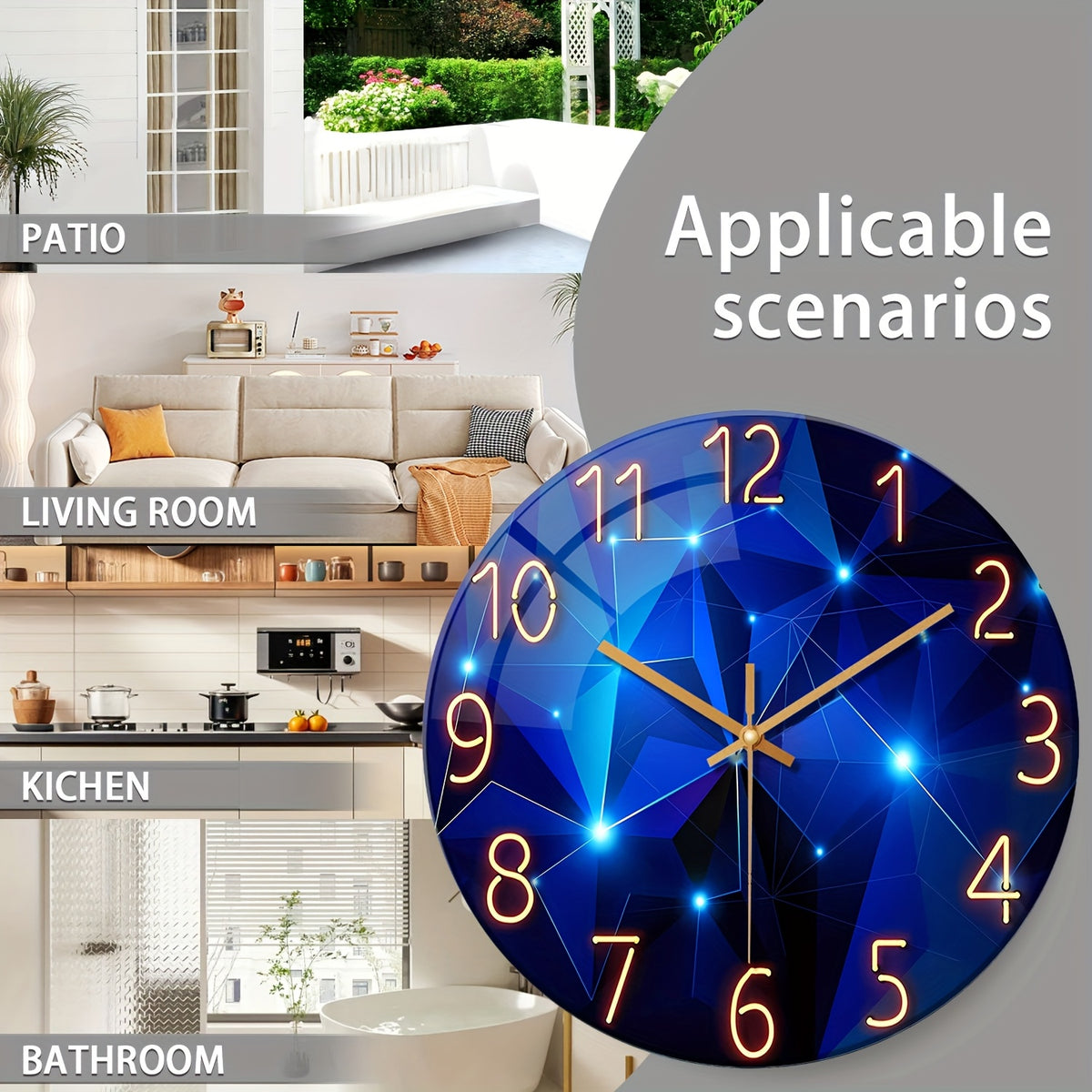 Large Modern Blue Glass Wall Clock - Dark Blue Accessories, 12-24 Inch Silent Quartz Clock, Battery-powered, Suitable for Living Room, Bedroom, Office Decorative Clock, Housewarming Gift, Home Decoration, Fantasy-style Design