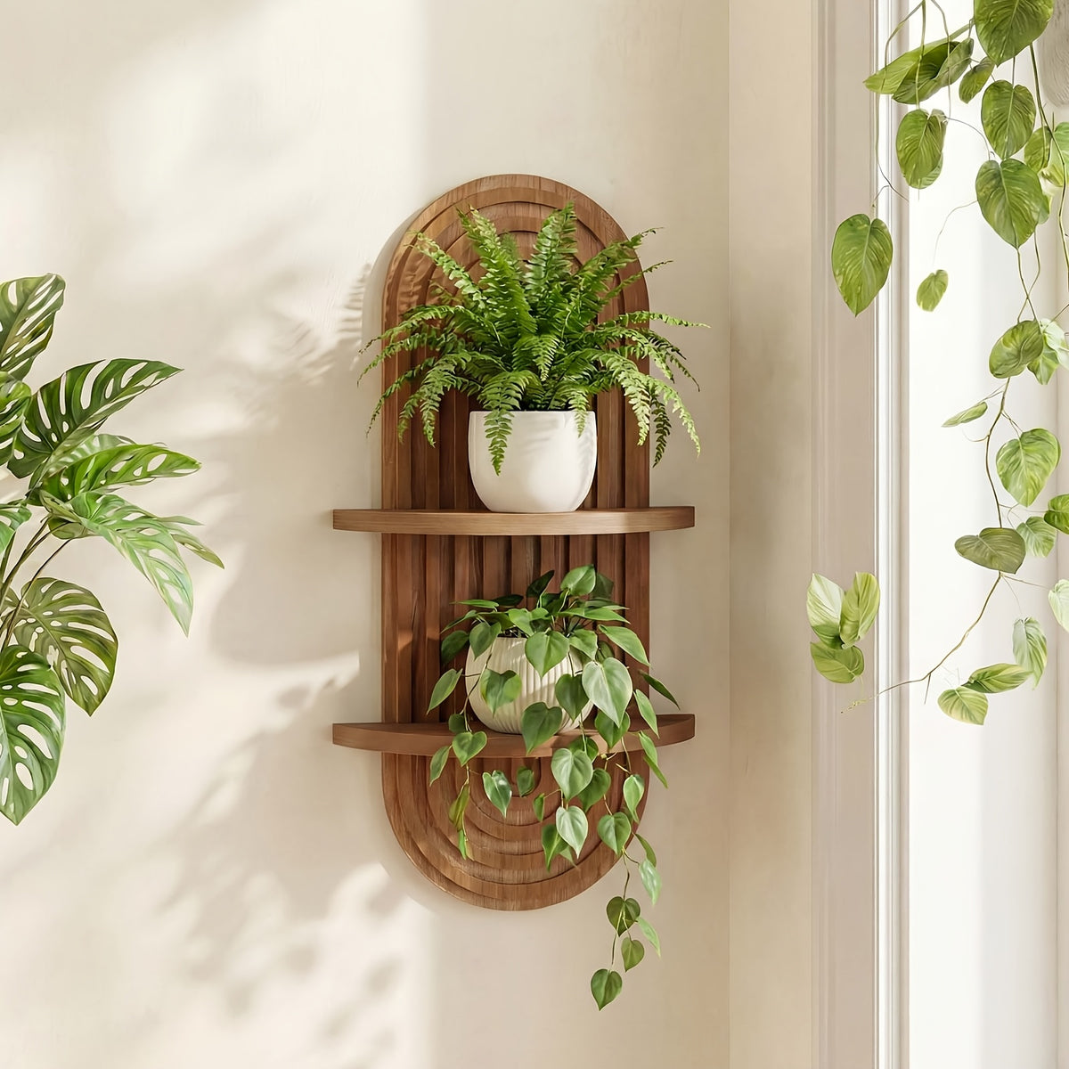 Plant Shelf Mid-Century Modern 1-2 Tier 15In Brown Wood Floating Shelves Wall Planter Holder & Boho Decor Hanging