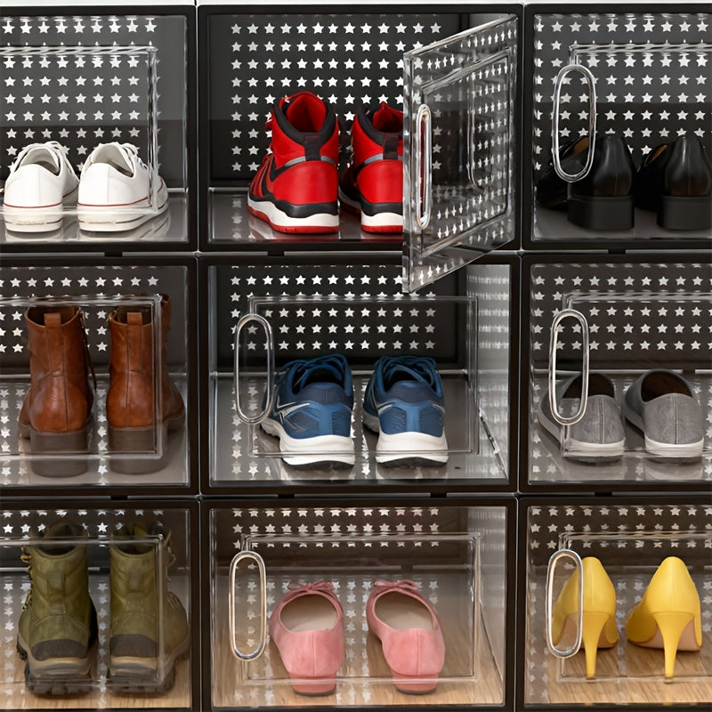Modular Shoe Boxes with Lids, Transparent Foldable Stackable Plastic Sneaker Containers in Black or White with 6 12 or 24 Piece Options for Home and Dorm Storage