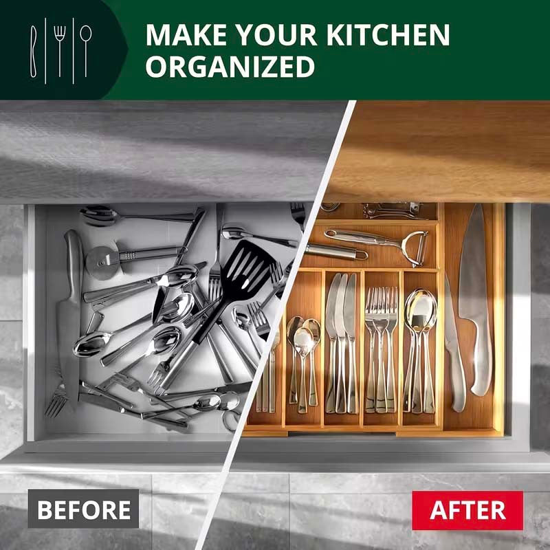 Expandable Bamboo Drawer Organizer - Adjustable Silverware Tray, Cutlery And Utensil Holder for Kitchen Drawer, Multi-Use Storage Tray for Office, Home