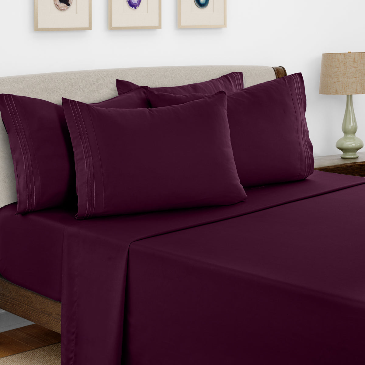 Lux Decor 6 Pieces Solid Bed Sheets Set - Modern Soft Comfortable Bedding Set, Hotel Luxury Skin Friendly Cooling Sheets & Embroidered Pillowcases Without Filler - All Seasons Bed Sheet with 16 Inches deep Pocket, Breathable Skin Friendly & Cooling Sheets