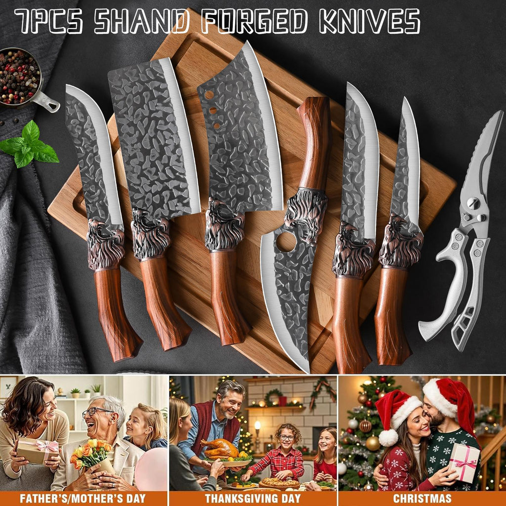7pcs Chef Knife Set, Hand Forged Damascus Style Blade with Brown Wood Handle, V-shaped Sharp Blade, Suitable for Meat, Fish, Vegetables, Fruits, Professional Kitchen Knives, Suitable for Home Chefs And Chefs (ideal Gift) - Ergonomic Grip