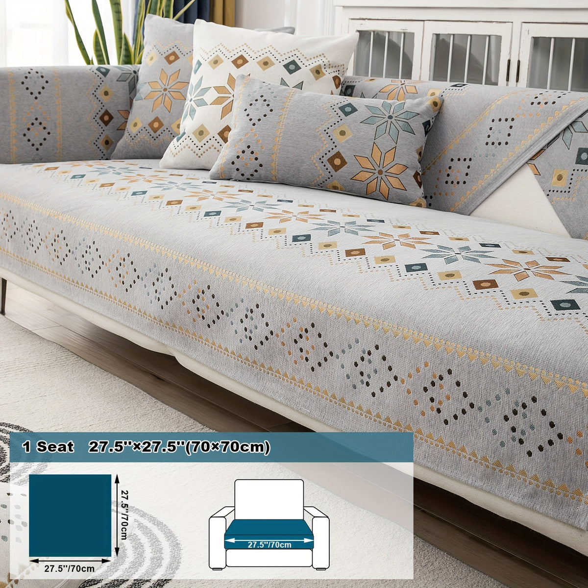 1pc Bohemian Chenille Sofa Cover Suitable for Sofa Sizes (Single to Four-Seater) - Thick Plush Non-Slip Couch Cover with Geometric Embroidery, Chenier Fabric Slipcover Fits for Sectional Sofas, Machine Washable Furniture