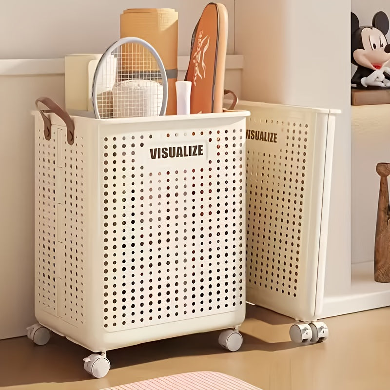 Rolling Foldable Laundry Basket, Plastic Wheeled Hamper in Large or Extra Large with Cream and White Options for Small Apartments and Bathroom Storage