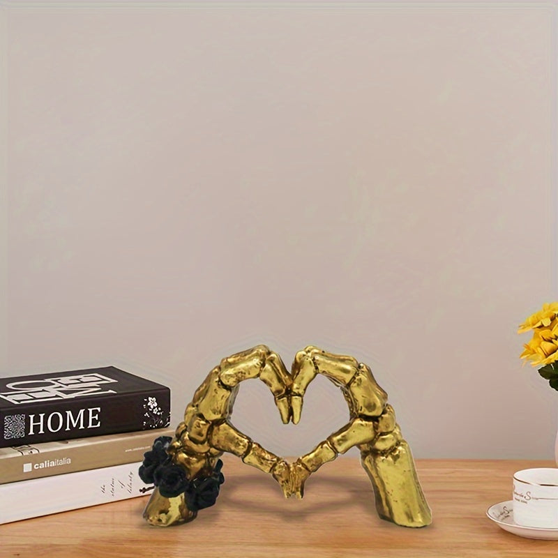 1pc, Skull Heart-shaped Hand Resin Statue, Unique Desktop Decoration, Modern Art Decor, Halloween Decor, Gift