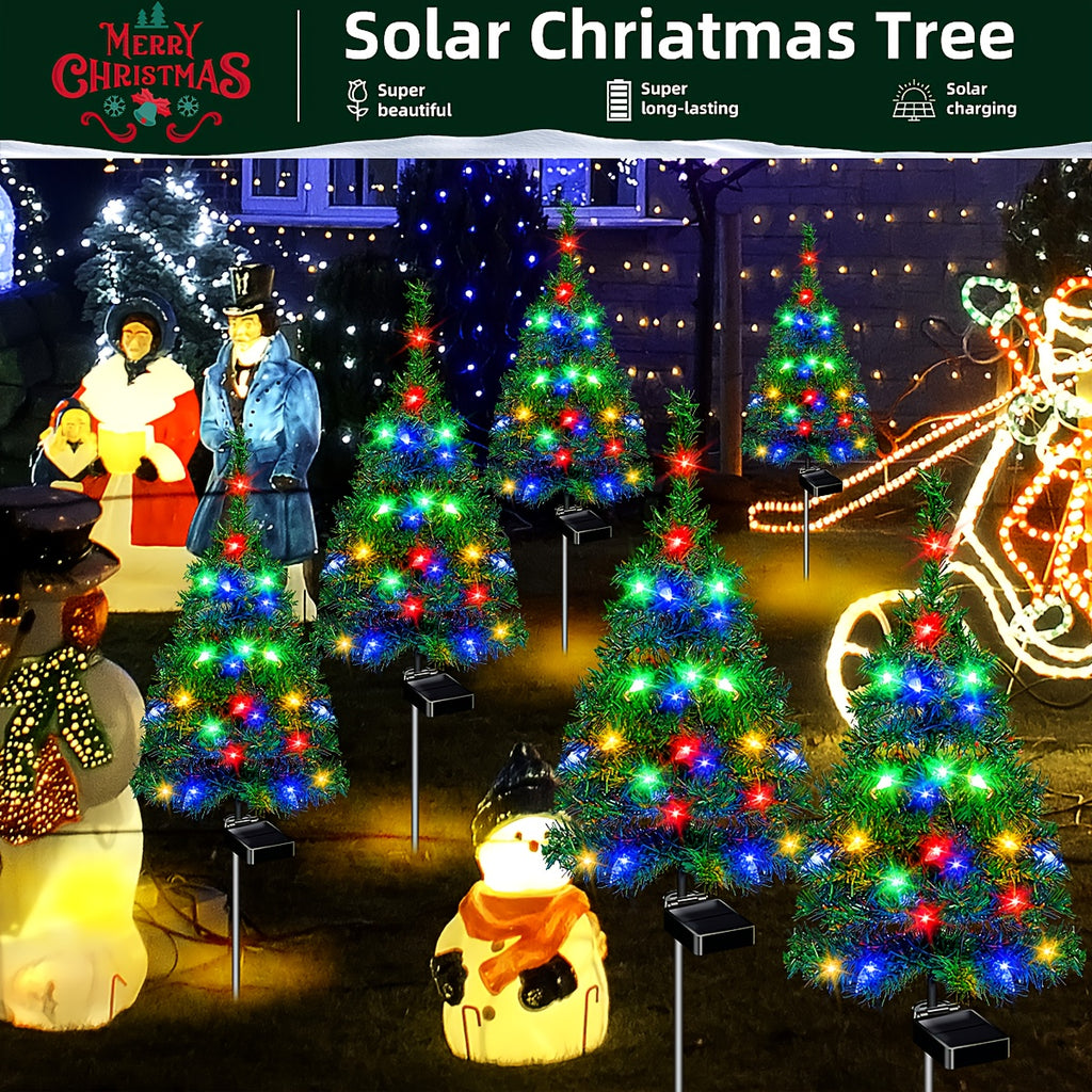 Two Sets Of Solar Christmas Tree Lights Are Used for Outdoor Christmas Decorations. The Solar Pre-lit Small Christmas Trees Are Used for Outdoor Paths, Gardens And Courtyards Decoration.